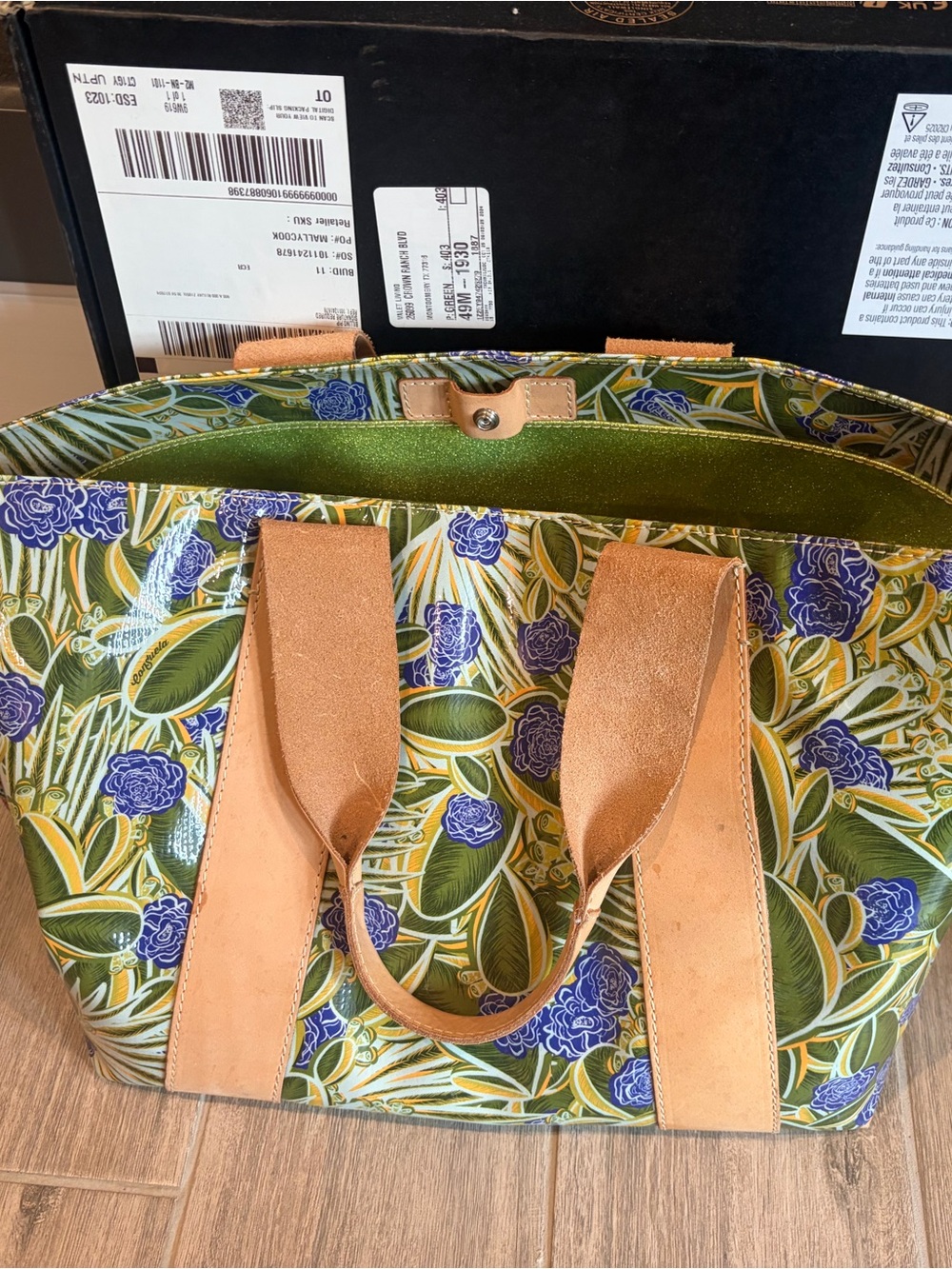 Consuela Green Floral Tote with Tan Handles plus a long strap.  Fits a laptop.